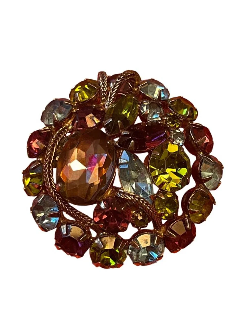 Vtg D&E Juliana Multicolor Watermelon Glass Brooch With Gold-Tone Rope Accents F